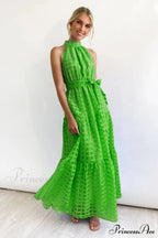 Check Halter Neck Charming Tie Waist Maxi Dress