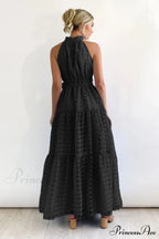 Check Halter Neck Charming Tie Waist Maxi Dress
