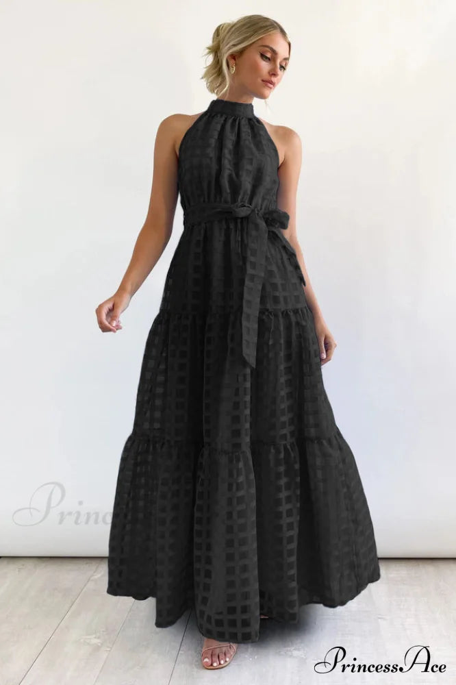 Check Halter Neck Charming Tie Waist Maxi Dress