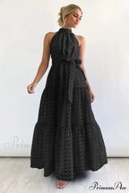 Check Halter Neck Charming Tie Waist Maxi Dress