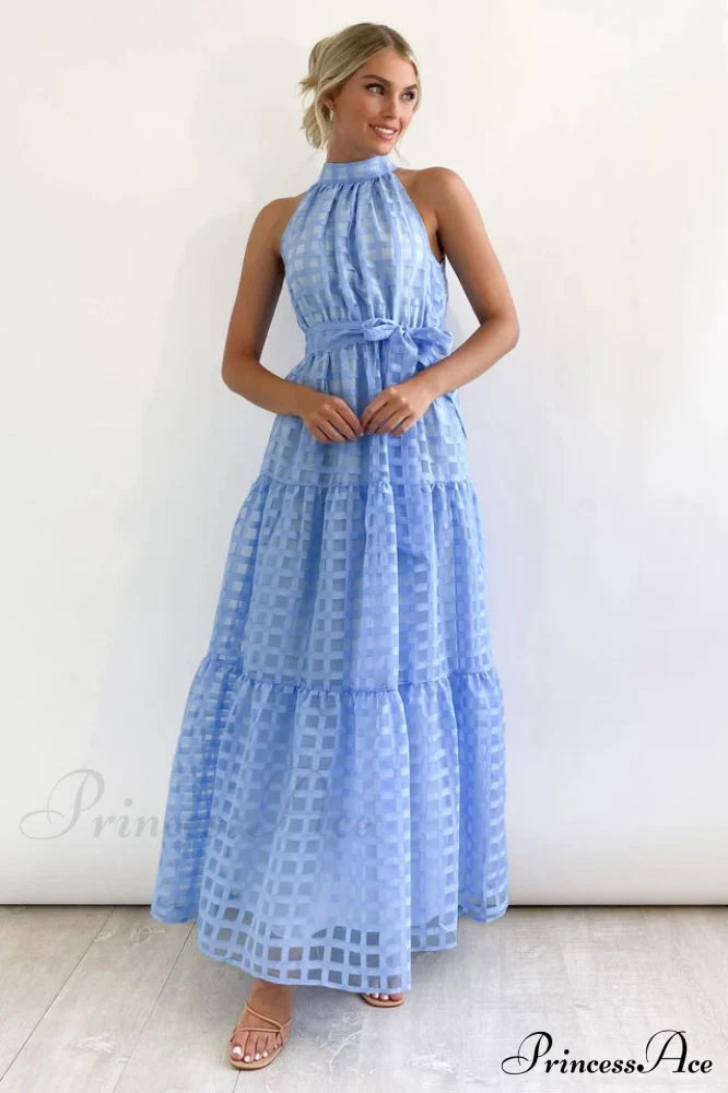 Check Halter Neck Charming Tie Waist Maxi Dress