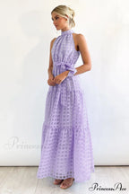 Check Halter Neck Charming Tie Waist Maxi Dress