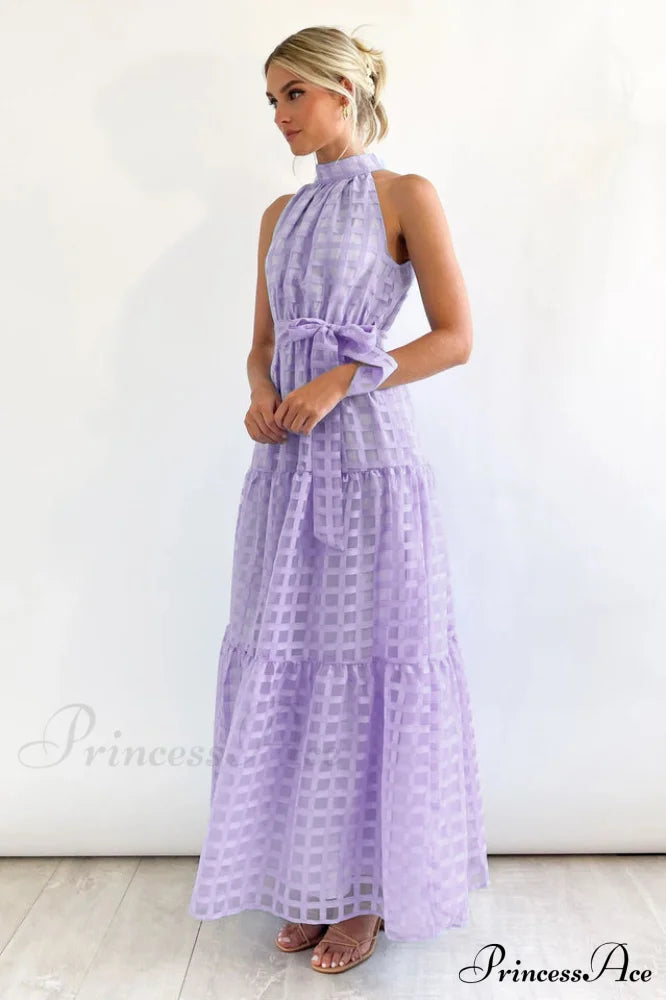 Check Halter Neck Charming Tie Waist Maxi Dress