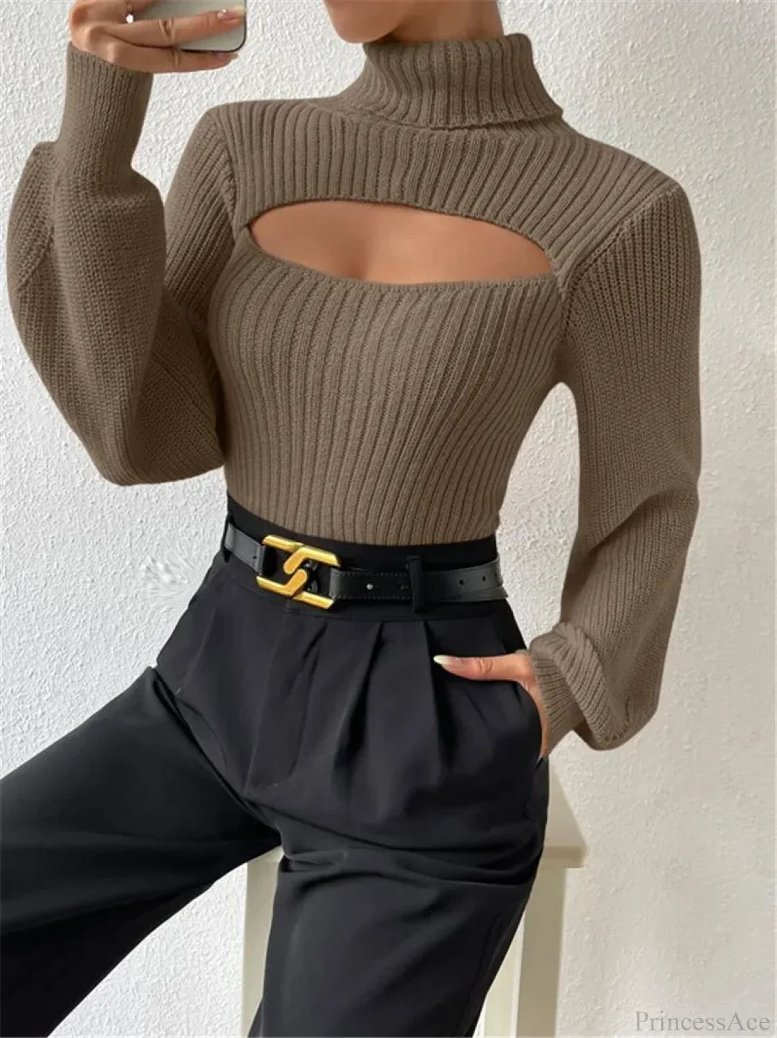 Chest Hollowed-out Turtleneck Sexy Sweater
