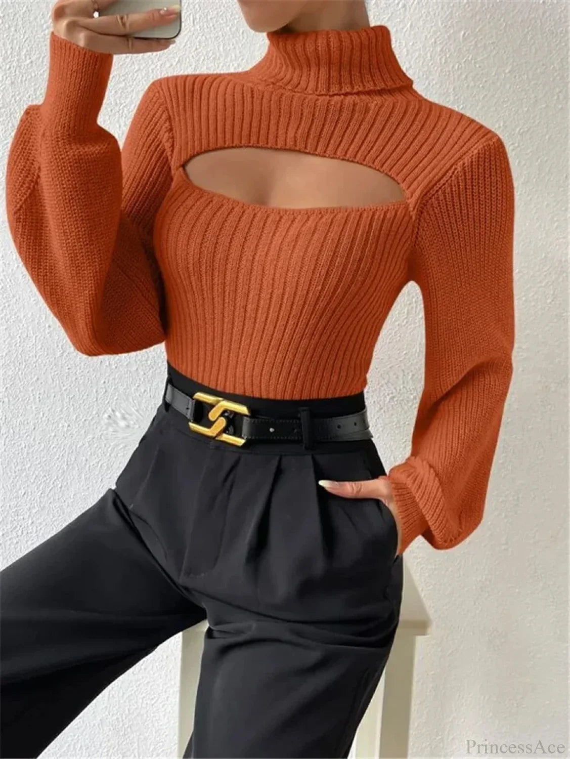 Chest Hollowed-out Turtleneck Sexy Sweater