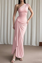 Chic Asymmetrical One Shoulder Slim Slit Maxi Dress