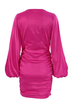 Chic Deep V Bishop Sleeve Ruched Bodycon Party Mini Dress - Hot Pink