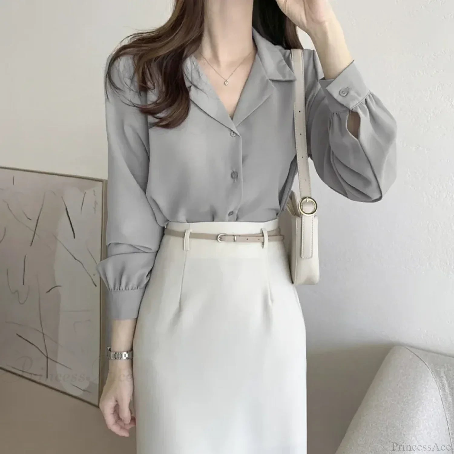 Chic Lantern Sleeve Suit Collar Loose Office Shirt