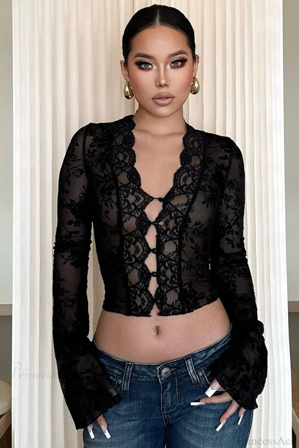 Chic Leopard Print Mesh Lace Trim Blouse