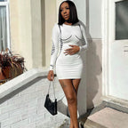 Long Sleeve Contour Drawn Print Bodycon Mini Dress - White