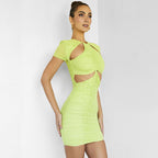 Mesh Trim Cut Out Short Sleeve Ruched Bodycon Mini Dress - Green