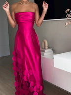 Chic Rose Red Sleeveless Satin Maxi Dress Elegant Backless Pleated Party Dress