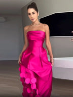 Chic Rose Red Sleeveless Satin Maxi Dress Elegant Backless Pleated Party Dress