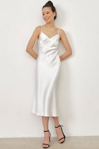 Chic Spaghetti Strap V Neck Satin Slip Midi Dress - Beige
