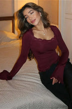 Chic Square Neck Long Sleeve Slim Long Sleeve Tee