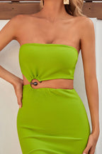 Chic Strapless Notch O Ring Cutout Waist Bodycon Bandage Party Midi Dress - Green