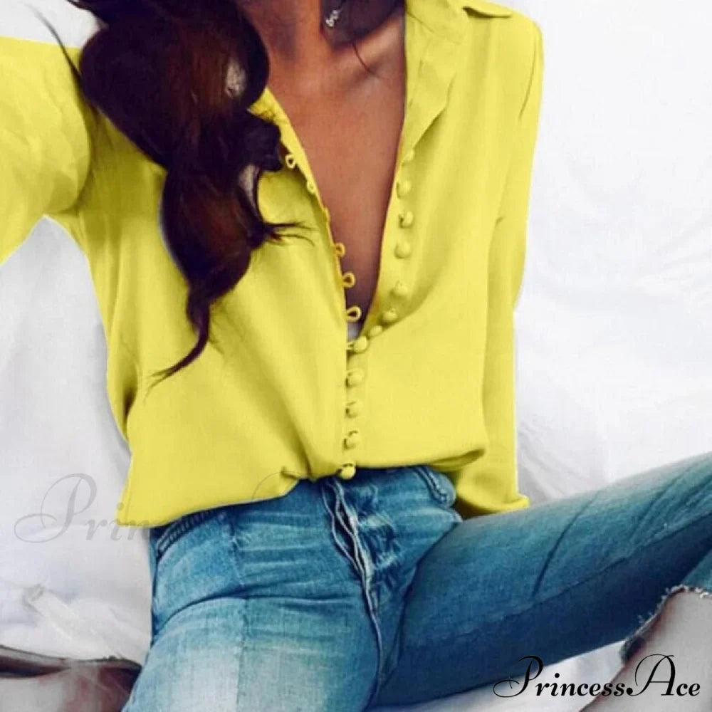 Chiffon Arm Blouse Ladies Top in Solid Casual - with Women Blouse Long Buttons Office Color Spring - White