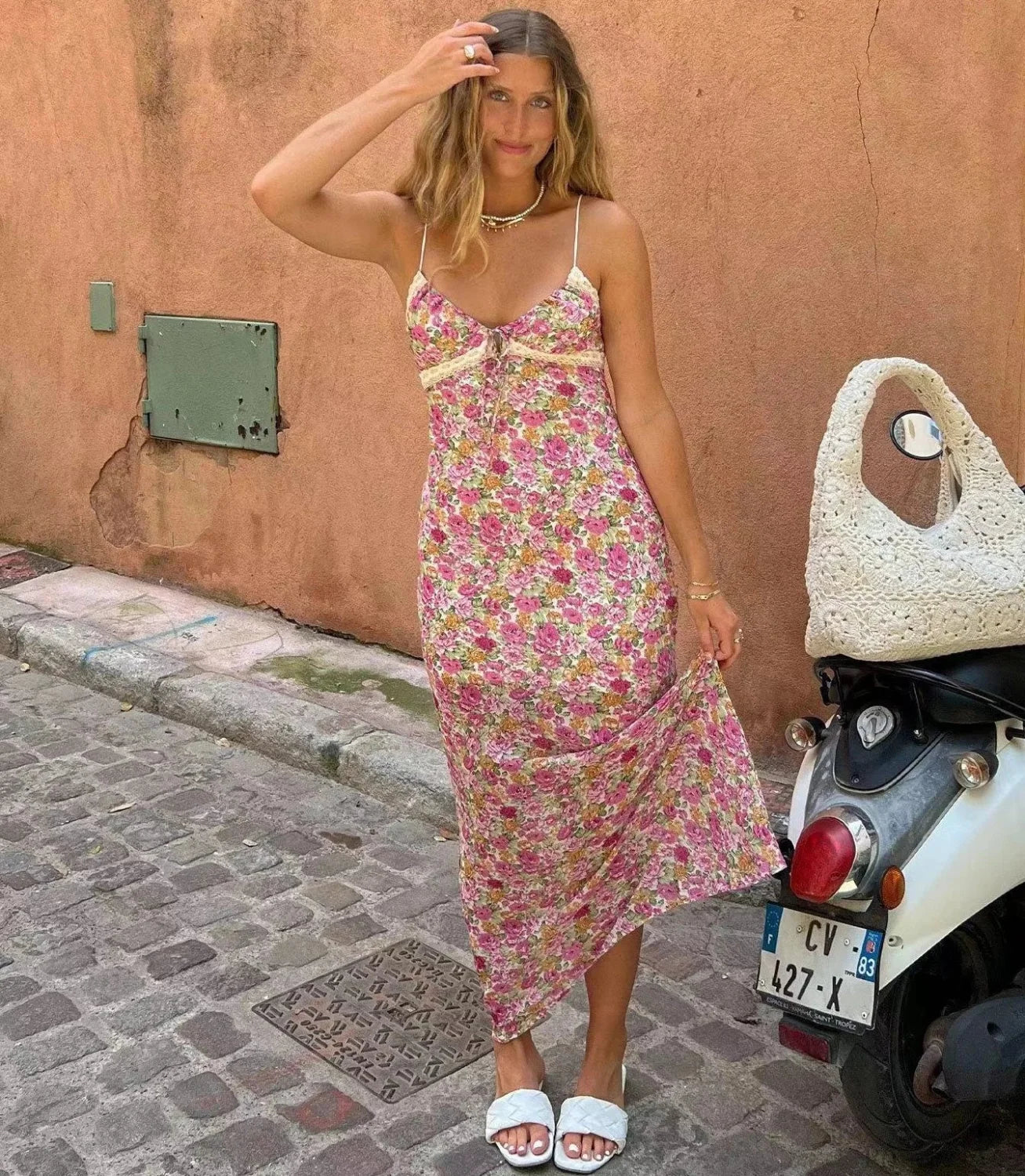 Chiffon Floral Lace Strap Boho Dress