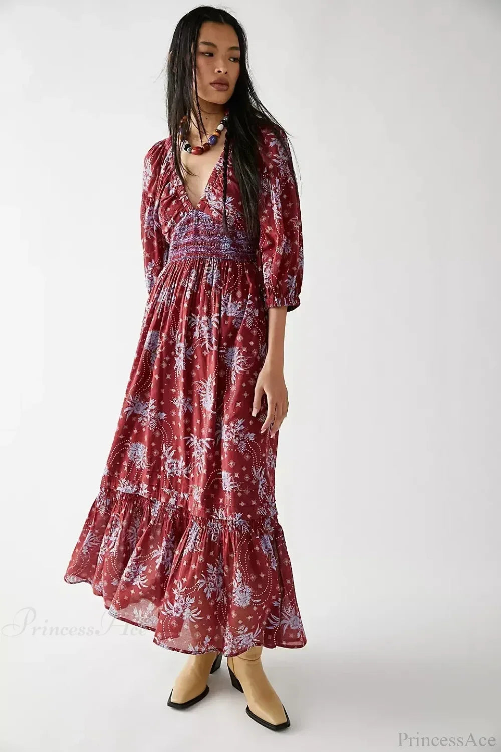 Chiffon Long Sleeve Holiday Floral Boho Dress