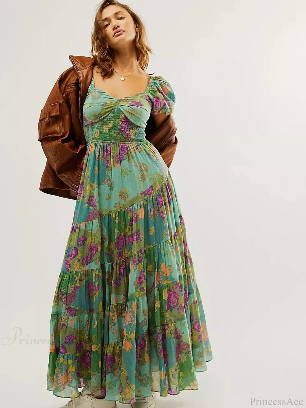 Chiffon Maxi Dress Floral Print Puff Sleeve