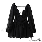 Chiffon Slit Long Sleeve Graceful Lace Up Mini Dress