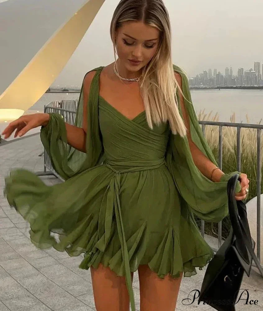 Chiffon Slit Long Sleeve Graceful Lace Up Mini Dress