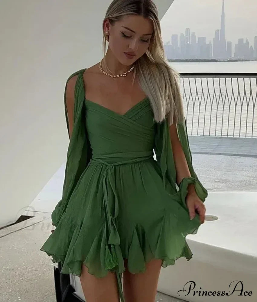 Chiffon Slit Long Sleeve Graceful Lace Up Mini Dress