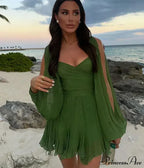 Chiffon Slit Long Sleeve Graceful Lace Up Mini Dress