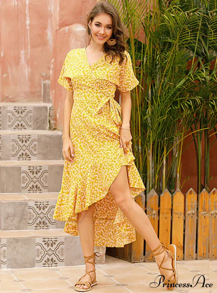 Chiffon V-Neck Flowered Dress