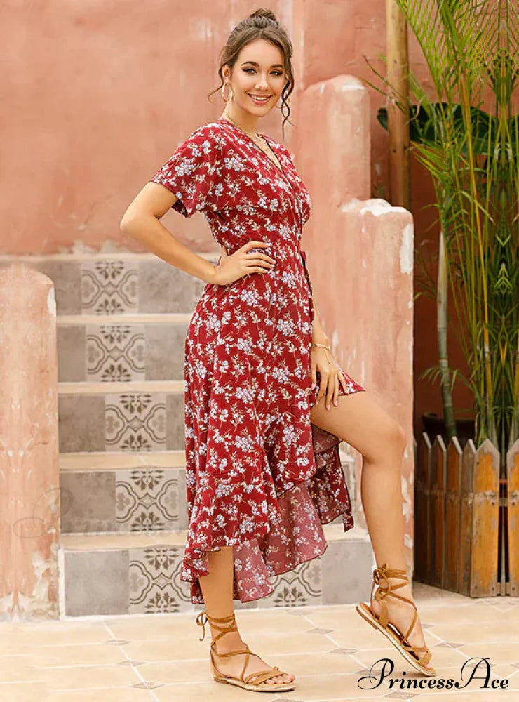 Chiffon V-Neck Flowered Dress