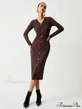 Chocolate Button Down Trendy Long Sleeve Midi Dress