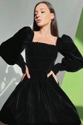 French Square Neck Puff Sleeve Fit & Flare Velvet Party Mini Dress - Black