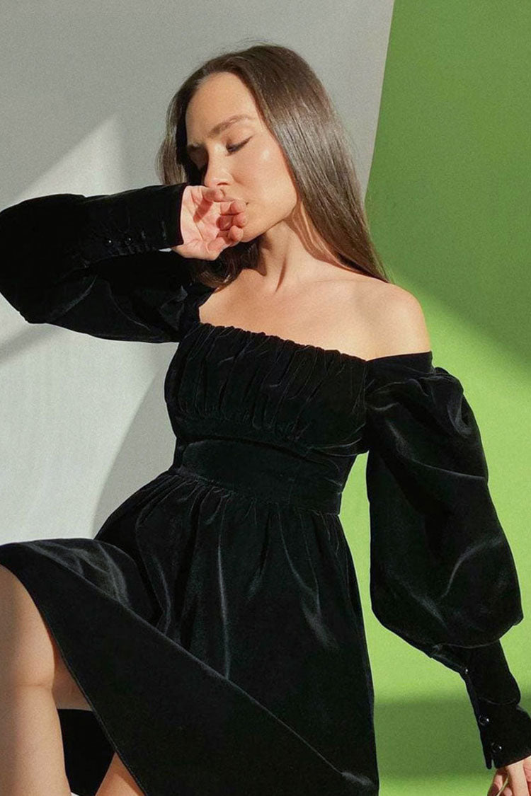 French Square Neck Puff Sleeve Fit & Flare Velvet Party Mini Dress - Black