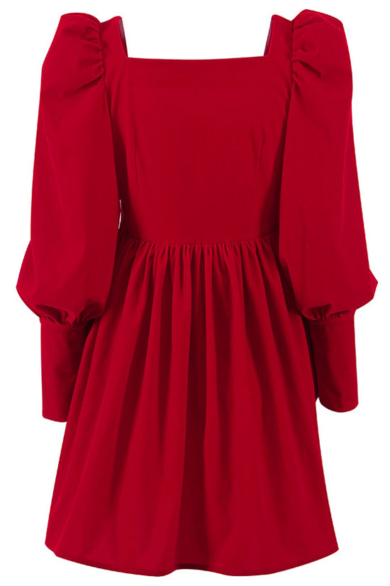 Christmas Square Neck Puff Sleeve Fit & Flare Velvet Party Mini Dress - Red