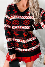 V Neck Elk Jacquard Color Block Knit Sweater