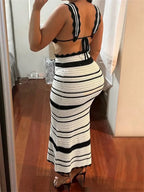 CHRONSTYLE Women 2 Pieces Knitted Skirts Outfits Striped Print Cropped Tank Tops with High Waist Slim Long Skirts Set Beach 2024