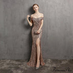 Clara Glitter Off the Graceful Shoulder Split Dress For Prom