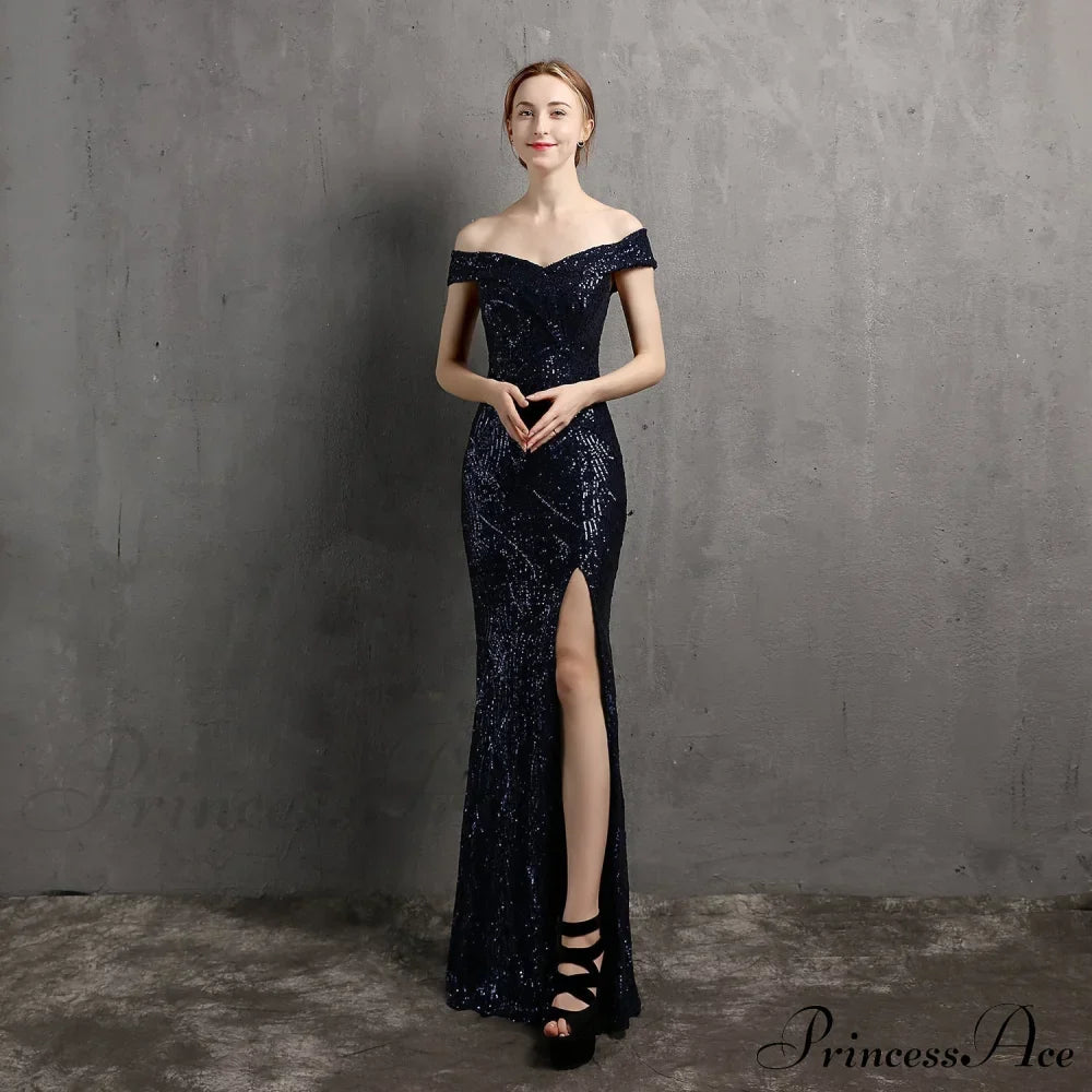 Clara Glitter Off the Graceful Shoulder Split Dress For Prom