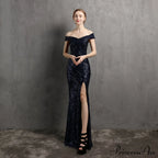 Clara Glitter Off the Graceful Shoulder Split Dress For Prom