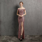 Clara Glitter Off the Graceful Shoulder Split Dress For Prom