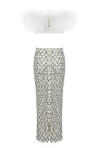 Classy Feather Strapless Top Sequin Midi Skirt Two Piece Dress - White