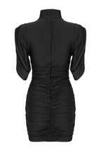 Classy Rosette Trim High Neck Draped Sleeve Ruched Party Mini Dress - Black