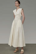 Classy V Neck Ruffle Detail Pocket Trim Sleeveless Maxi Dress - Apricot