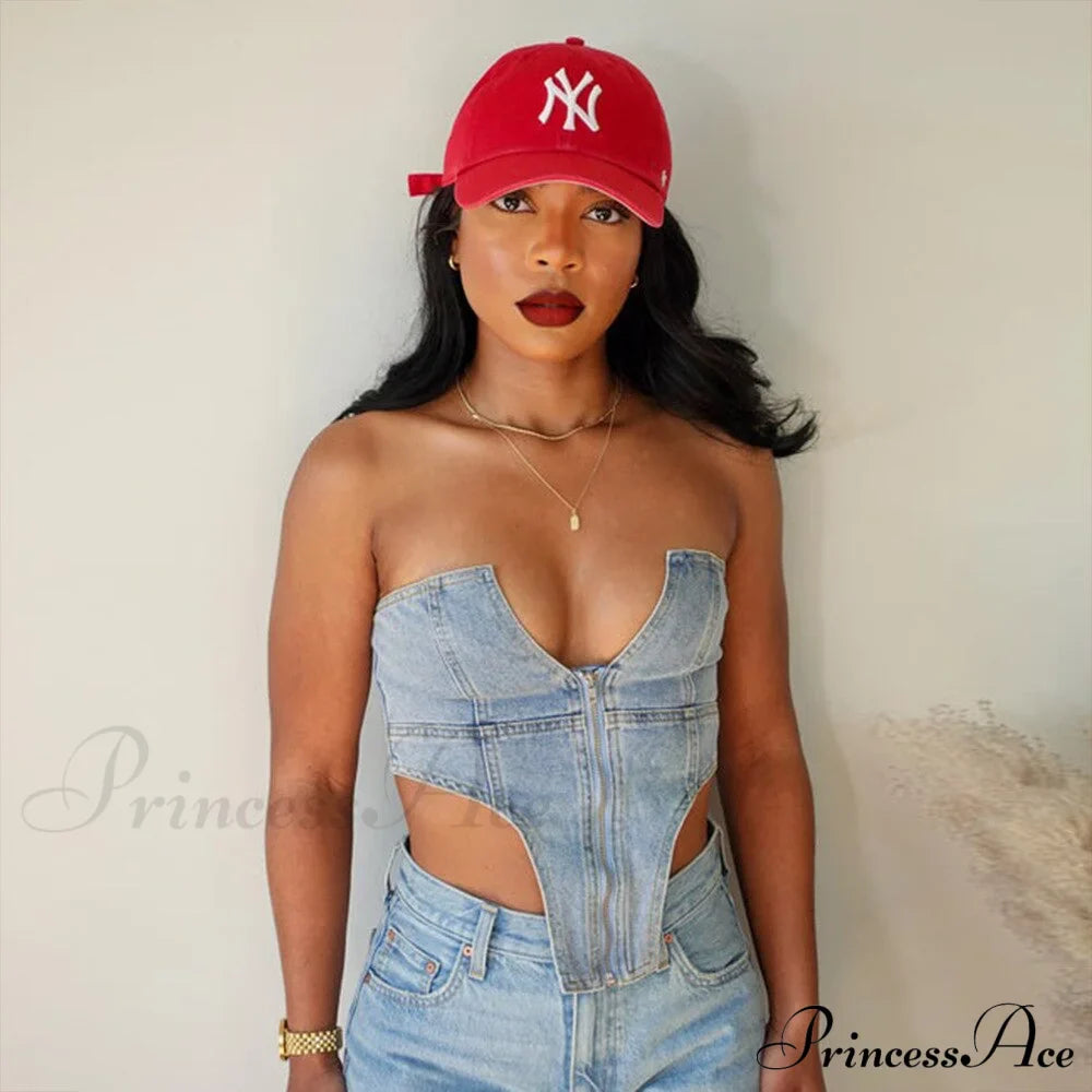 Clubwear Irregular Blue Crop Jeans Tops Warm-Season Denim Party Top Corset Streetwear Zipper Tube Strapless Clothes
