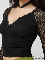Clubwear V-neck Black Slim Lace Flower Mesh T-Shirts