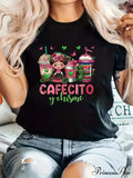 Coffee & Girl Printed - Casual All-Season Crew Neck Top with Belt Comfortable Polyester Blend Machine-Washable T-shirt