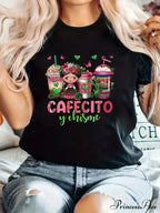Coffee & Girl Printed - Casual All-Season Crew Neck Top with Belt Comfortable Polyester Blend Machine-Washable T-shirt