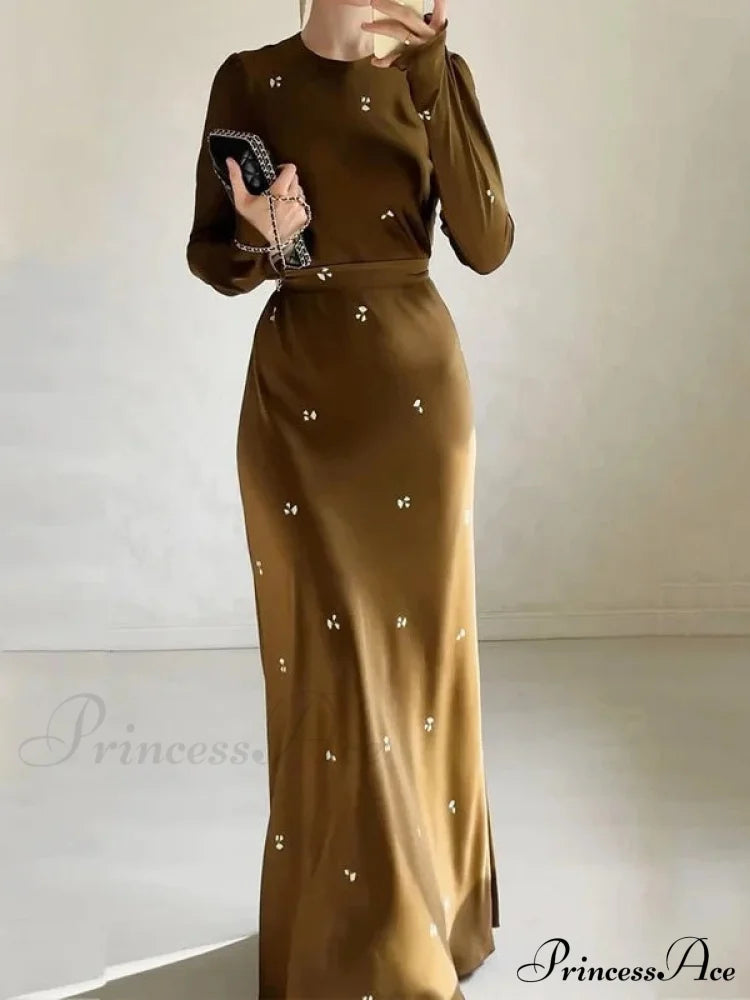 Coffee Print Bodycon Long Sleeve Dress