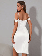 Cold Shoulder Ruched Wrap Hem Satin Dress