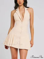 Collar Buttoned Backless Charming Suit Mini Dress